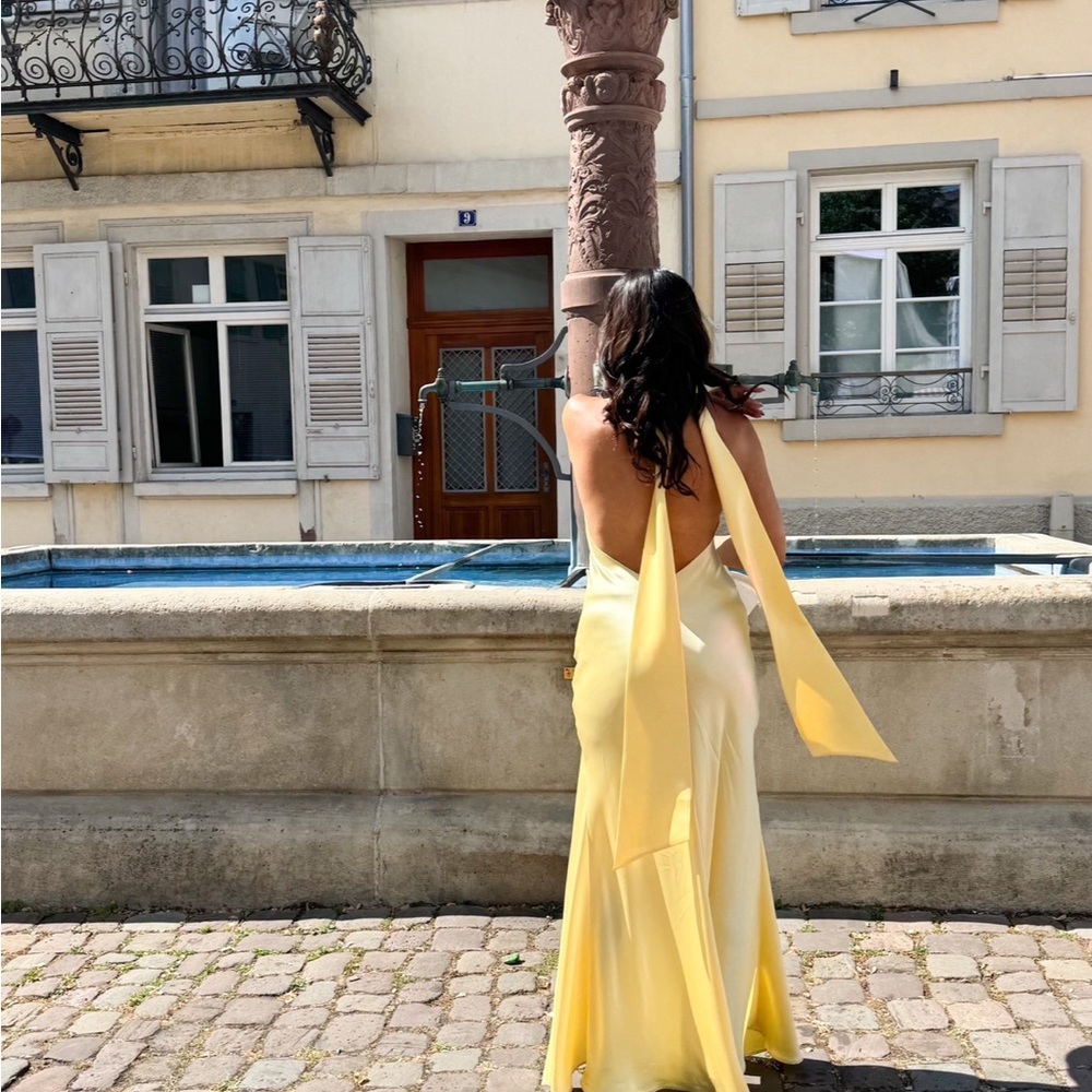 Popcorn Yellow Penelope Satin Gown Backless Dress by Sau Lee
